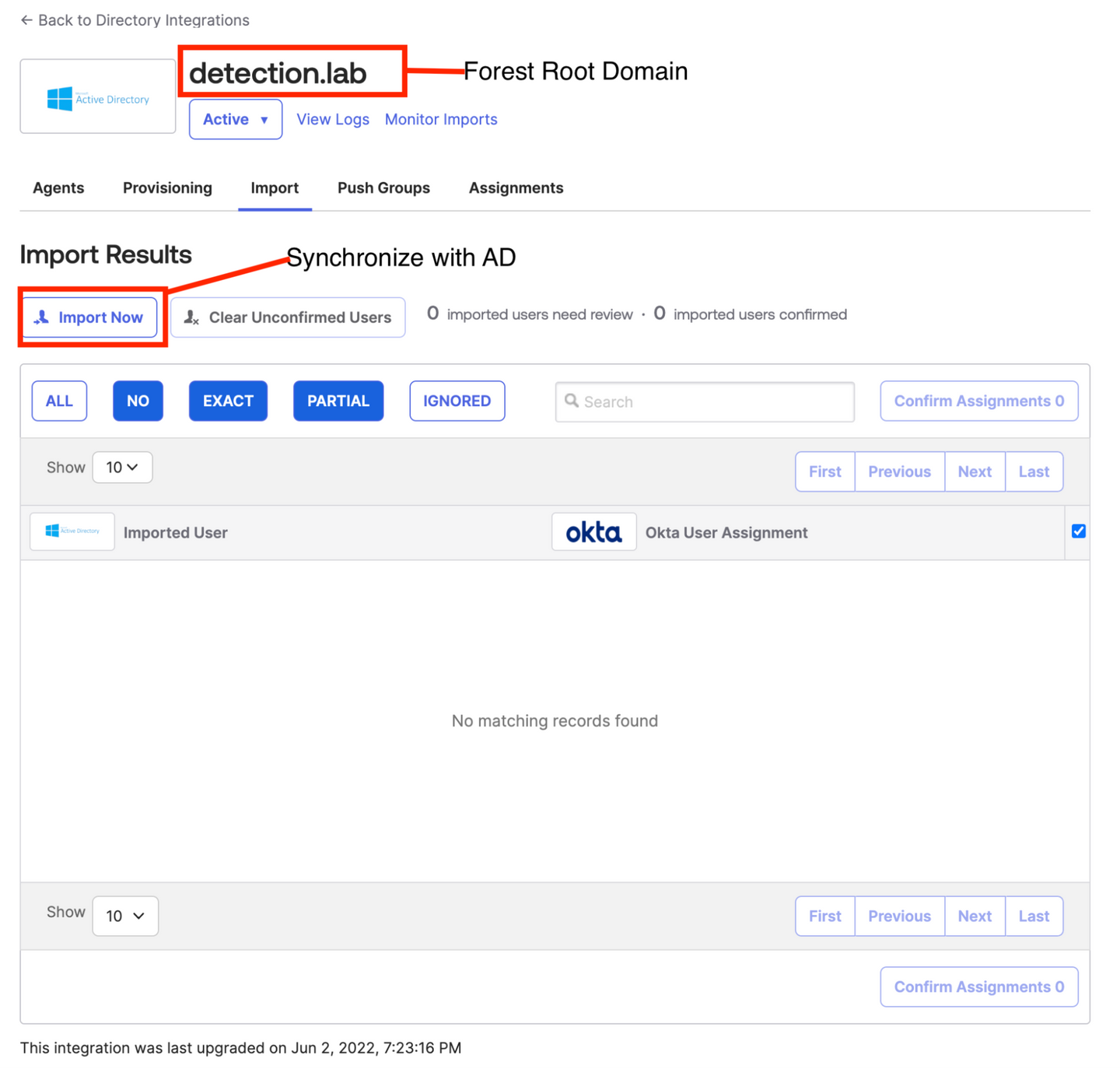 Successful Okta agent deployment and synchronization with AD