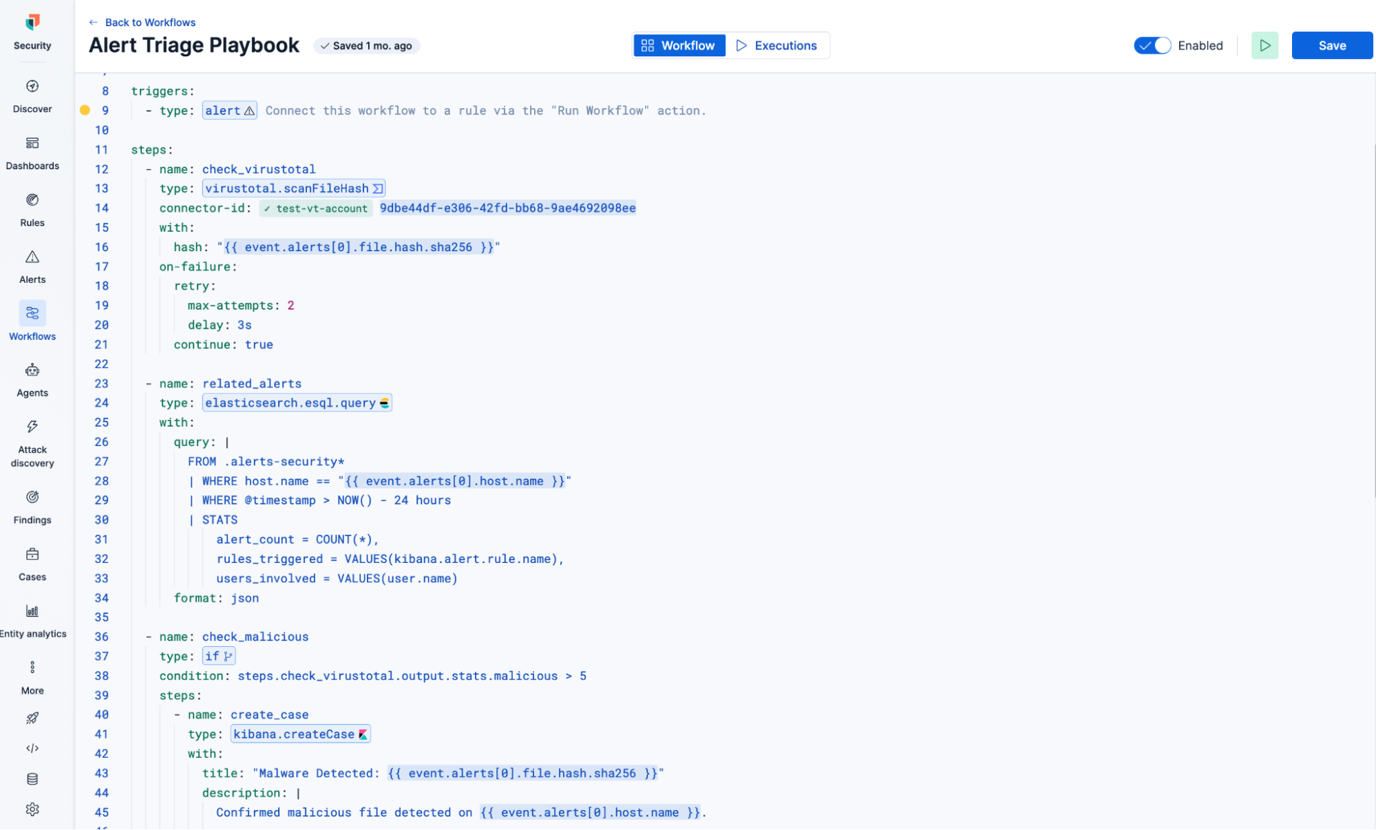 Alert Triage workflow built with Elastic Workflows native automation.