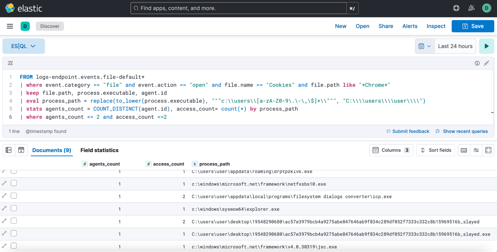 ES|QL query results for suspicious browser cookies file access