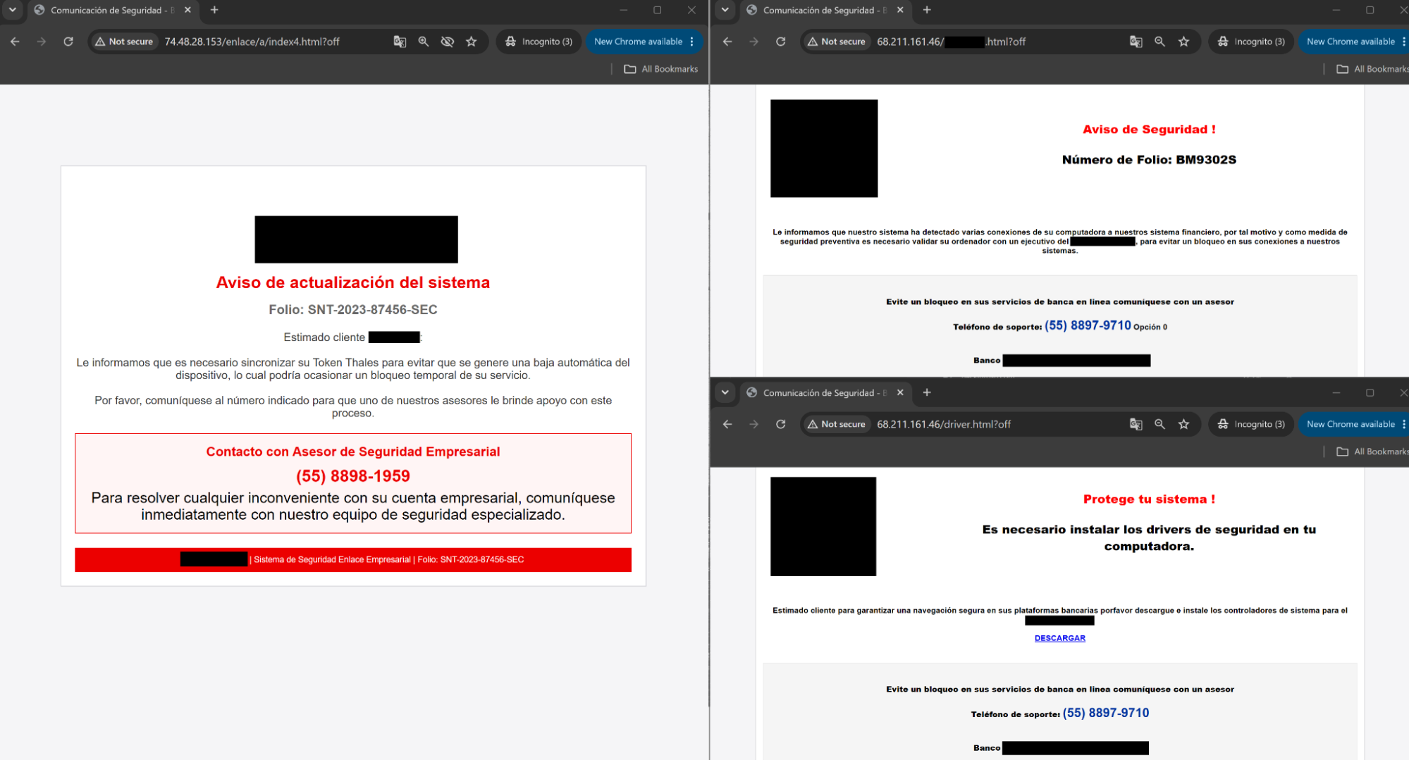 Fake bank security warning pages SCMBANKER shows victims during vishing session