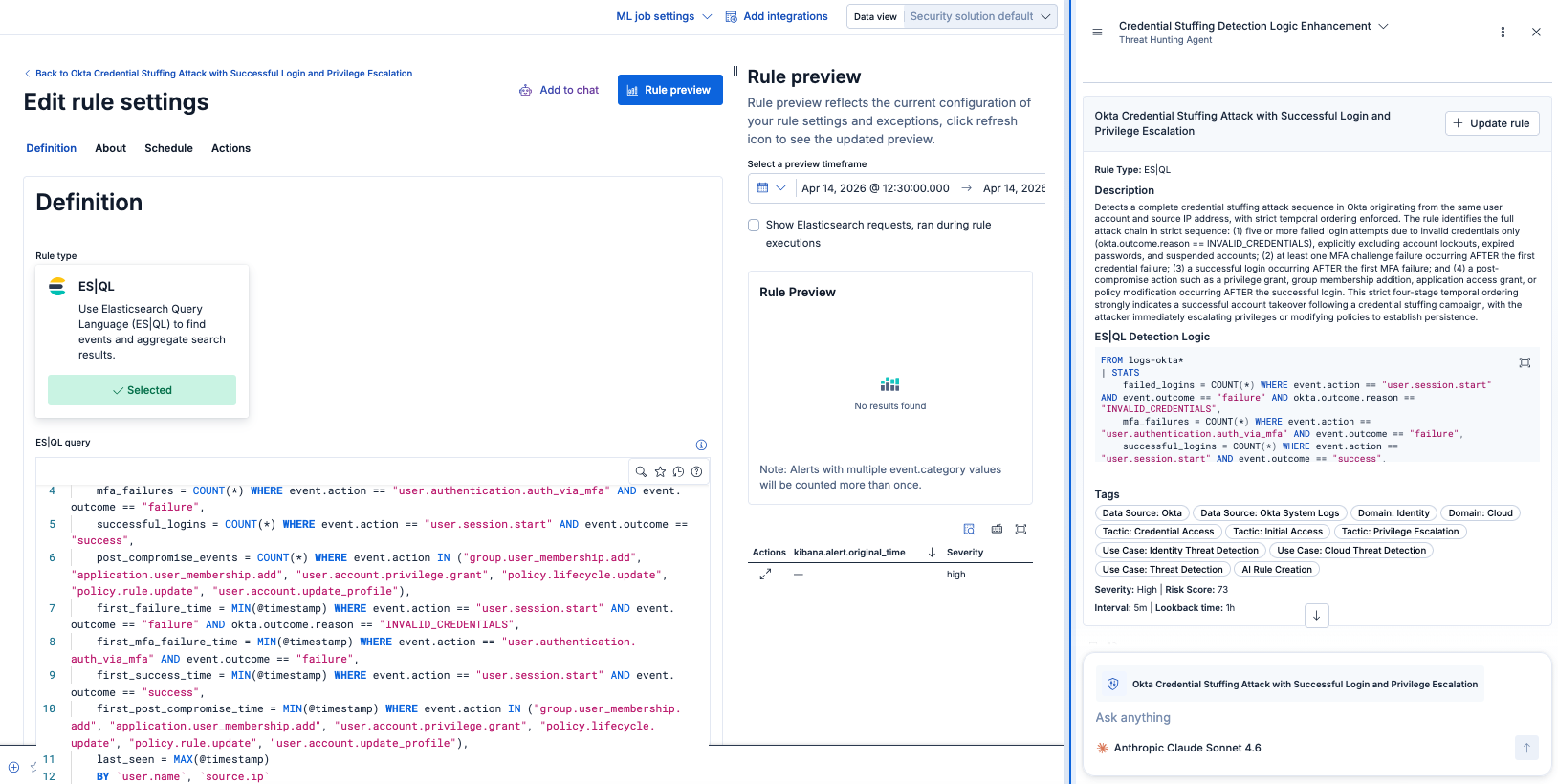 Rule editing view with Preview results, along with open AI Agent panel.