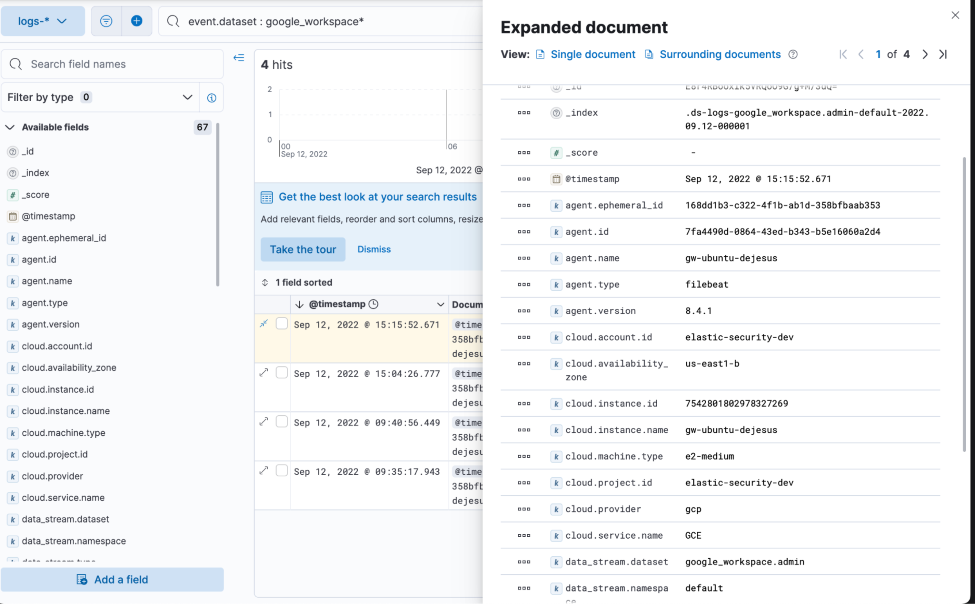 Google Workspace ECS documents search in Discover in Elastic Stack