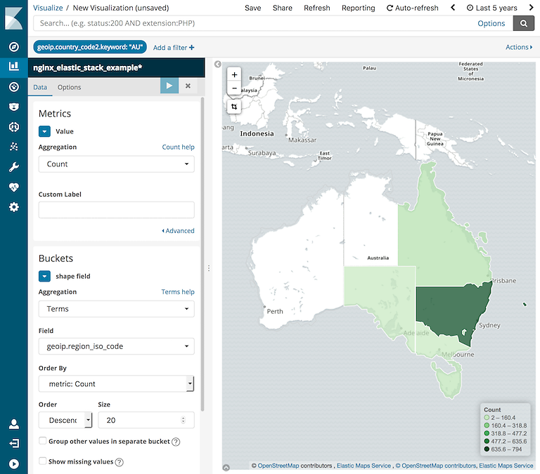 Kibana region map example showing data tab