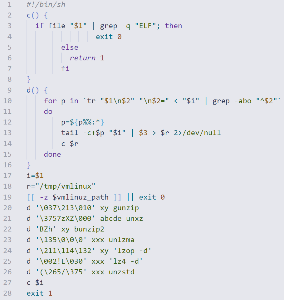 The Bash script that is used to decompress the kernel image
