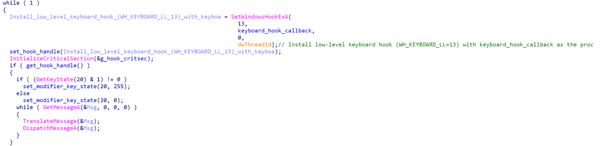 Keyboard hook installation and message pump