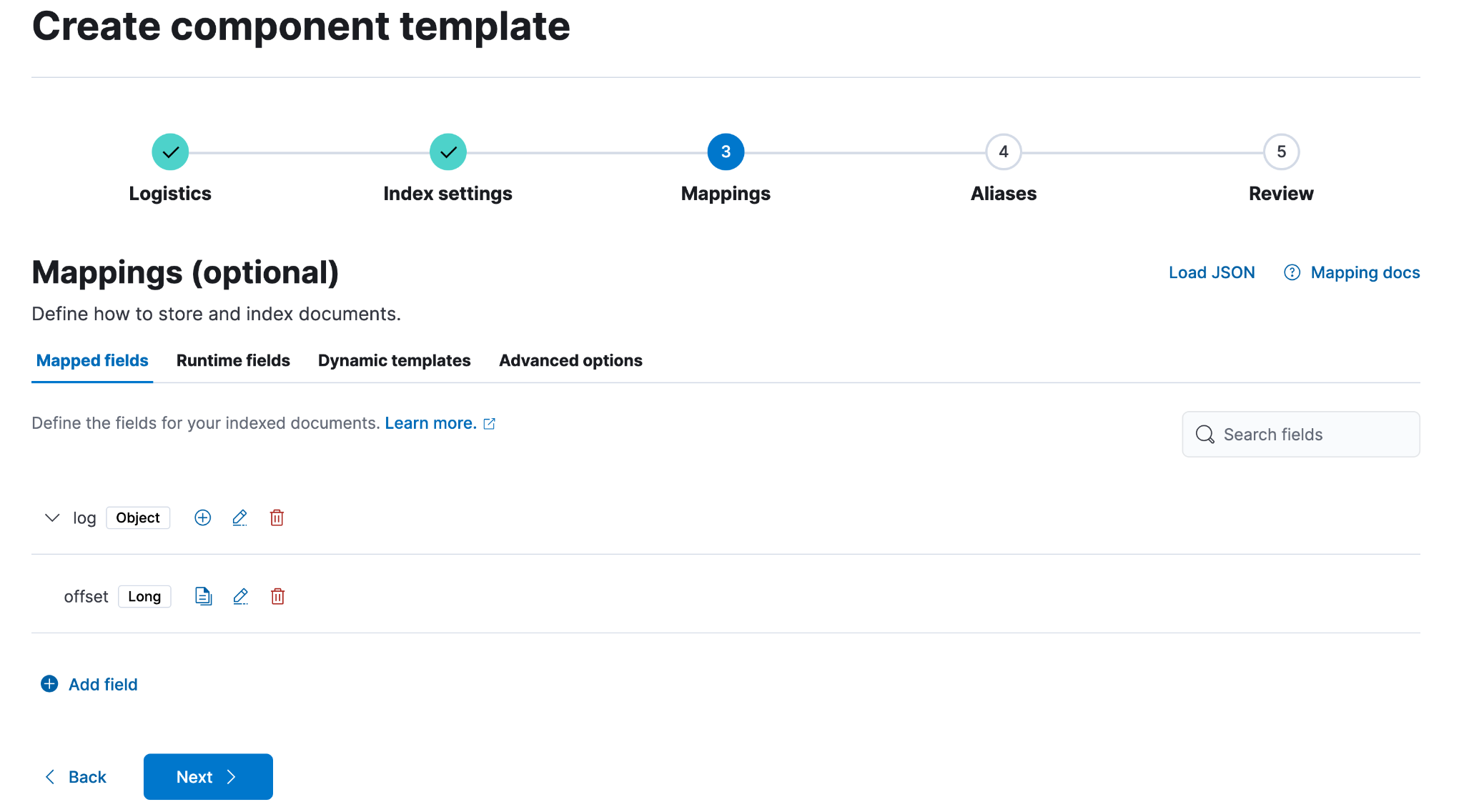 : Bildschirm, der die Schnittstelle zur Erstellung von Komponentenvorlagen mit dem im Workflow ausgewählten Schritt „Mappings“ zeigt