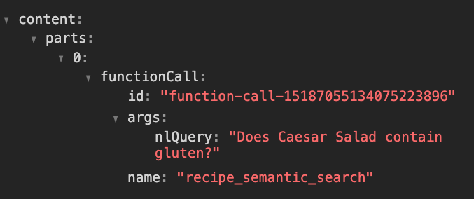 Code snippet on a dark background showing a structured data object with a functionCall labeled recipe_semantic_search. The nlQuery field contains the text “Does Caesar Salad contain gluten?”