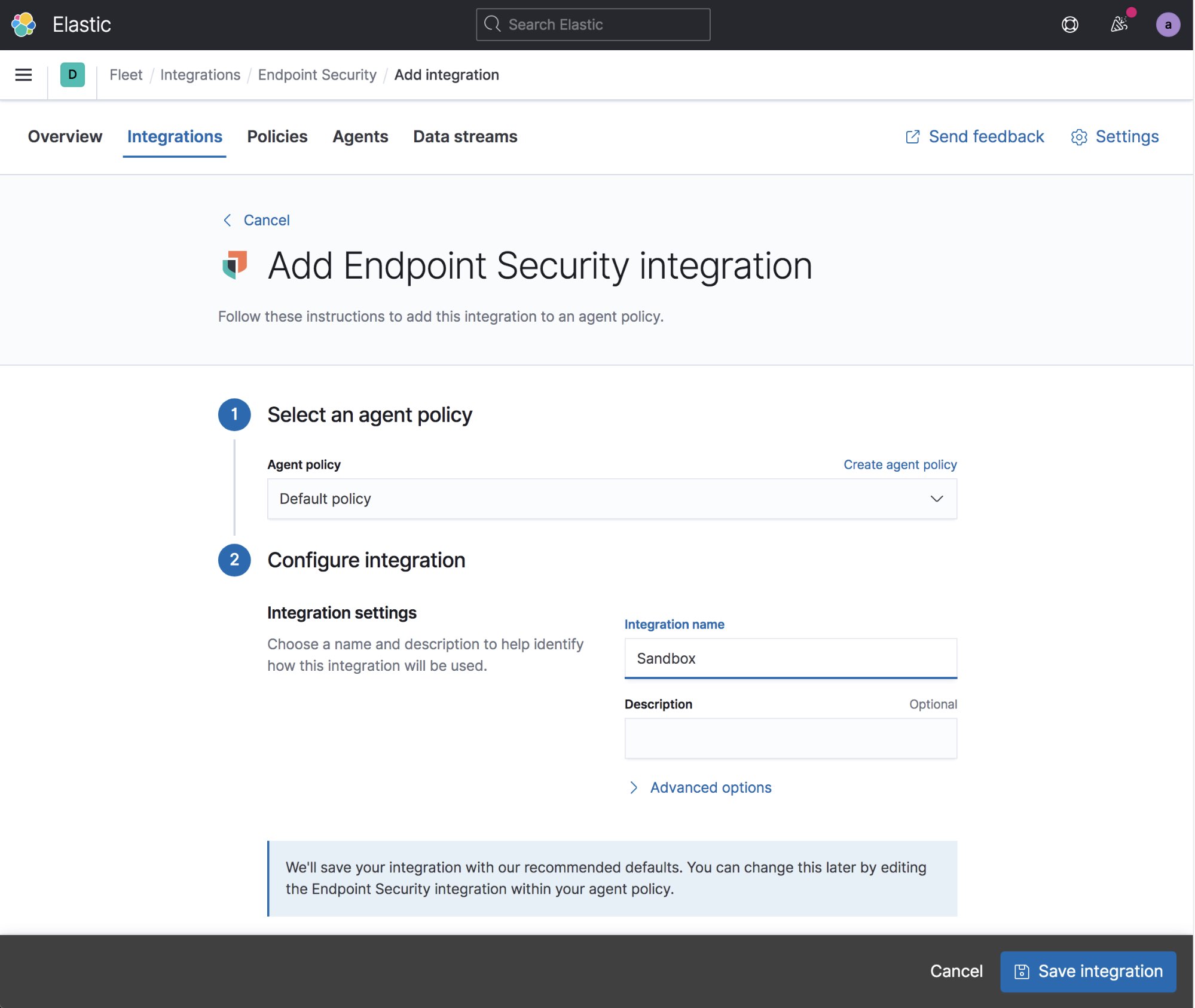 Elastic Agent-Seite zum Hinzufügen einer Integration