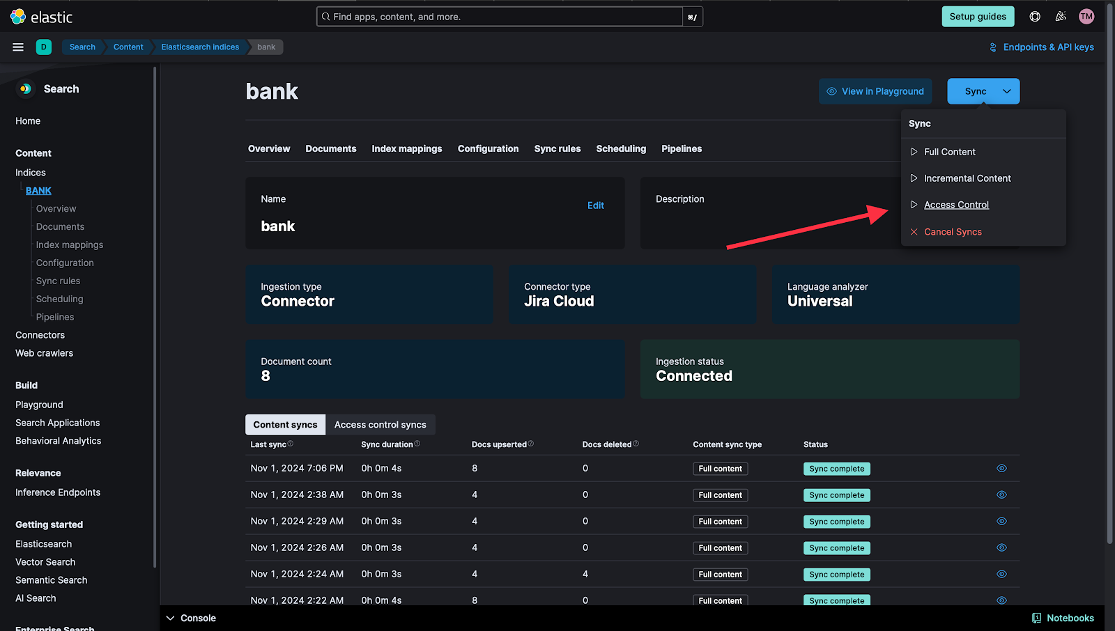 Elastic Jira connector Control Panel in Elastic Cloud 