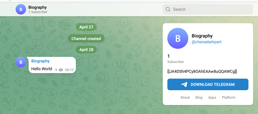 Telegram Biography channel t.me/chanadarkpart used by TELEPUZ for C2 fallback containing XOR-encrypted domain