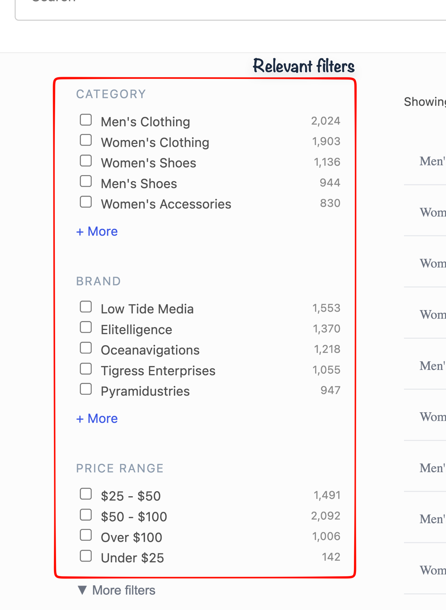 SearchFilters component after the change, showing the top three filters with the rest collapsed under a More filters toggle