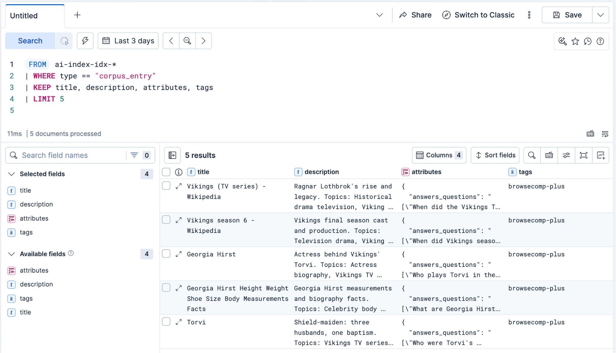 ES|QL query in Kibana Discover returning five corpus_entry Knowledge Indicators from an Elasticsearch AI Index