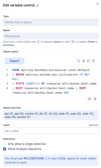 Host control configuration showing Values from a query settings and the ES|QL query that populates the control
