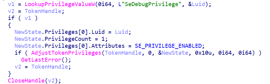 Grants SeDebugPrivilege to itself