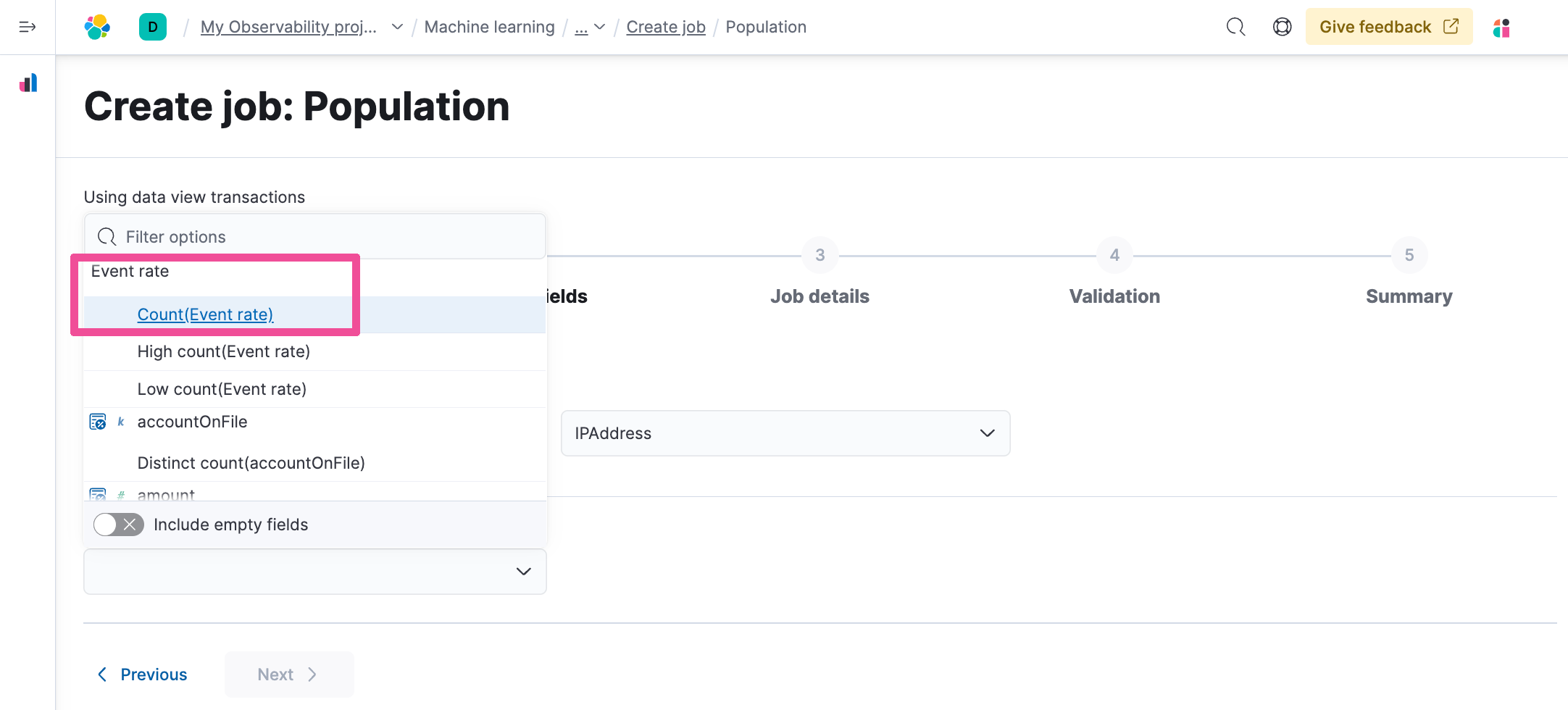 Configure anomaly detection job population select count