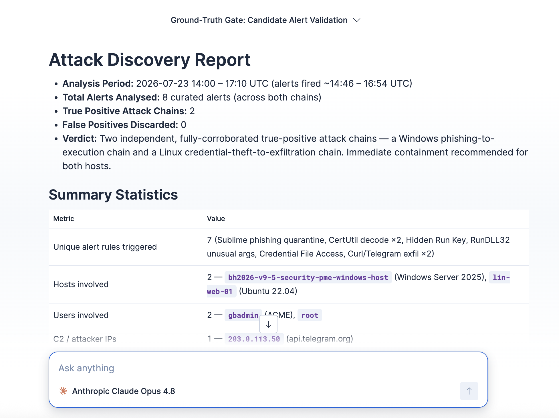 Attack Discovery in Elastic Security correlating a Sublime phishing quarantine with endpoint alerts into attack chains