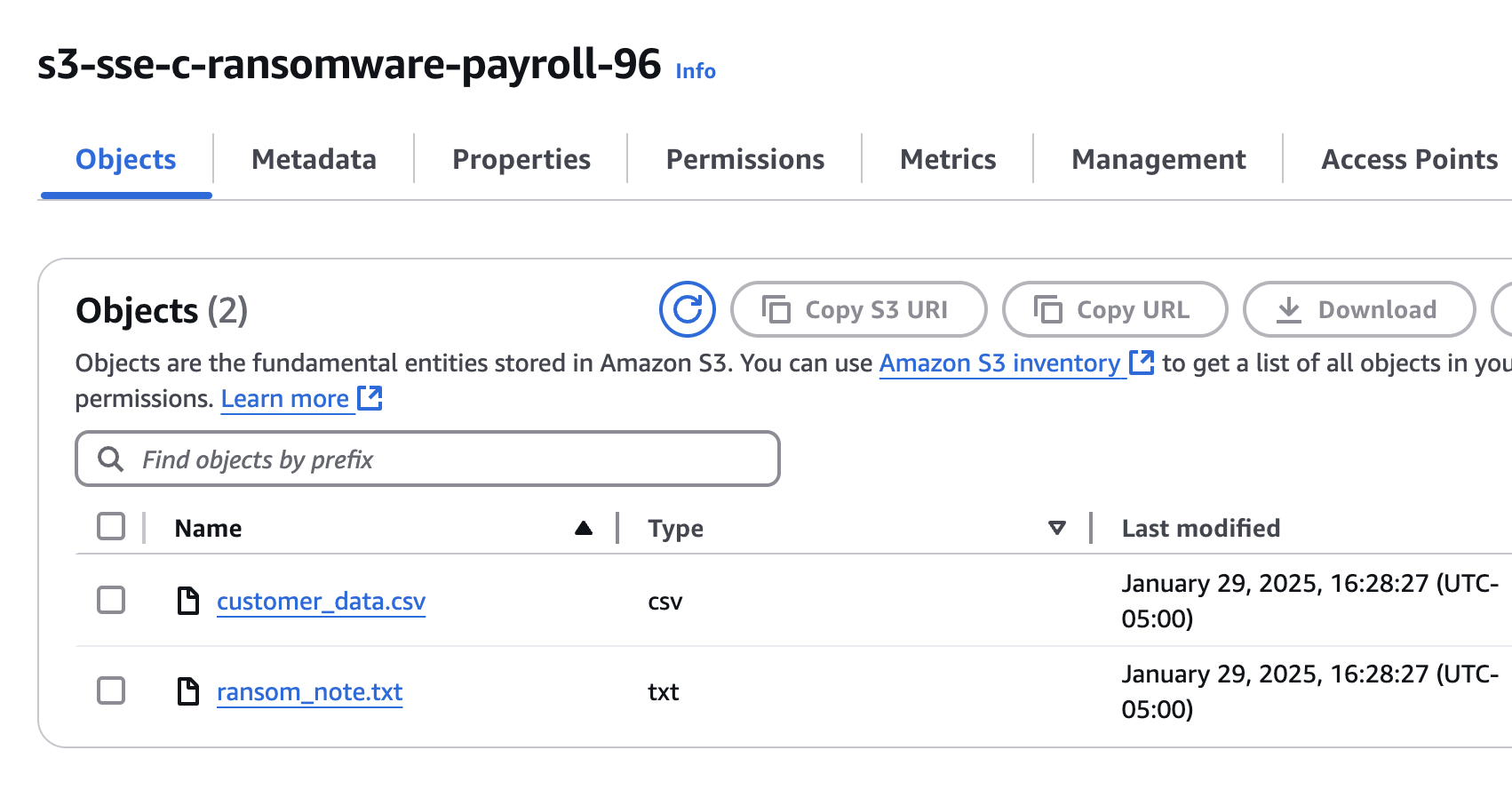 Expected artifacts in S3 bucket after detonating SSE-C ransom emulation