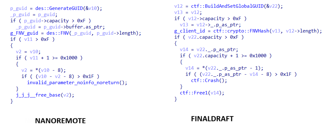 GUID/FNV - Code comparison between NANOREMOTE and FINALDRAFT