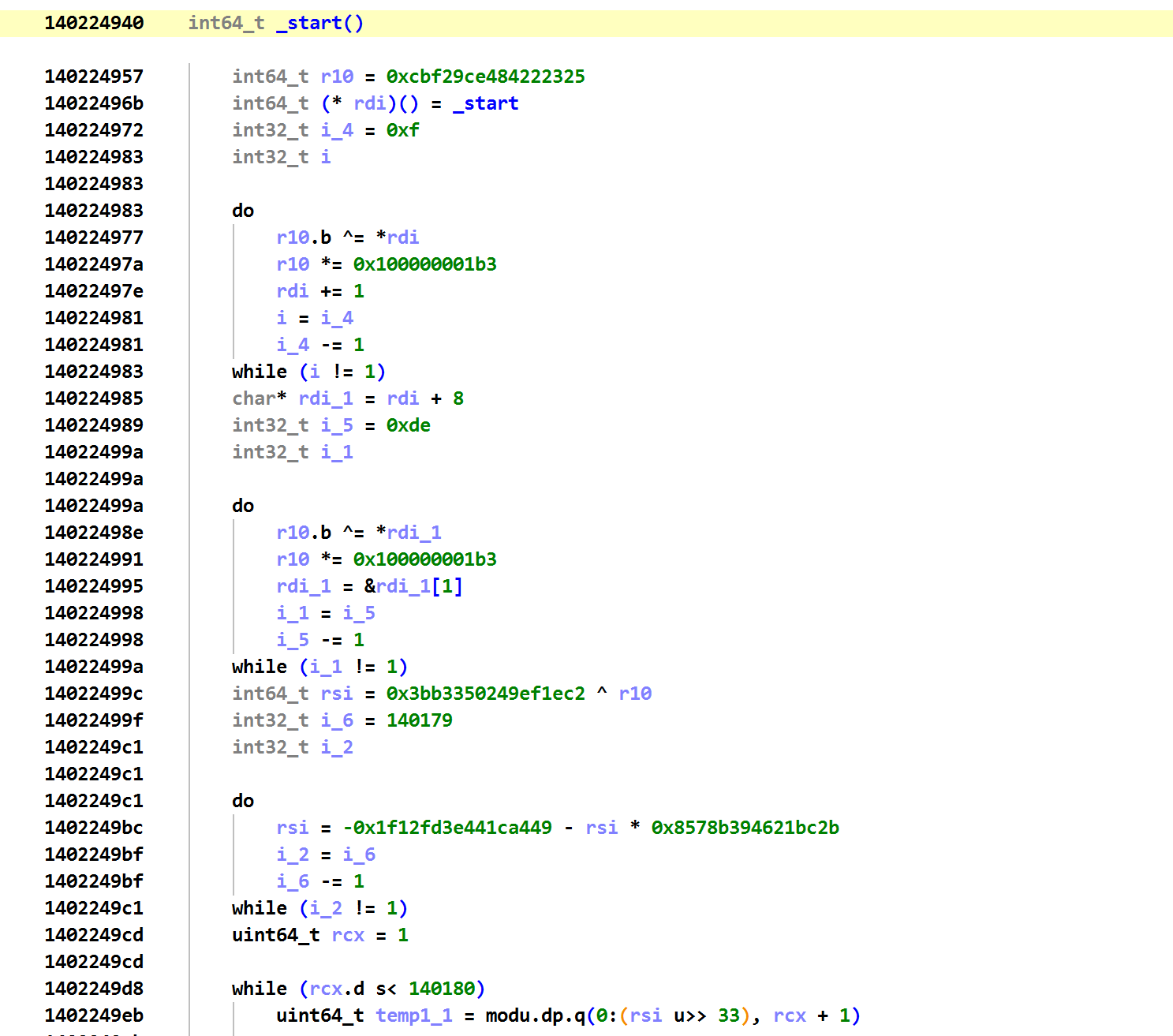 Decompiled infostealer entry stub computing the FNV-1a hash and LCG seed for code restoration
