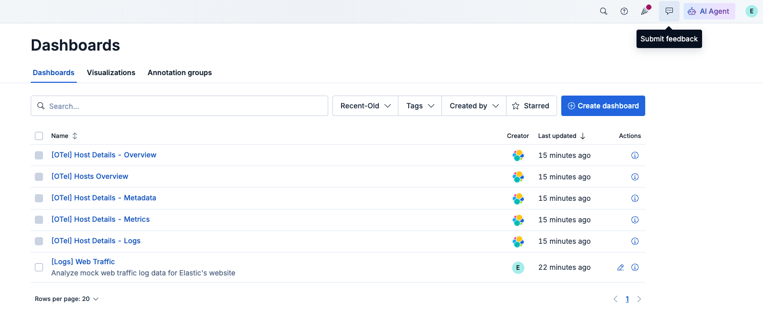 Die Dashboard-Verwaltungsseite zeigt eine Liste mit einem Eintrag mit dem Titel „[OTel] Host Details – Überblick“, Filter, eine Suchleiste, eine Schaltfläche „Dashboard erstellen“ und die Möglichkeit, Feedback zu senden.