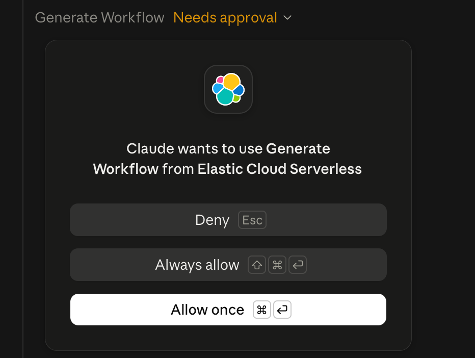 Claude approval prompt asking to run the Generate Workflow tool from the Elastic Cloud Serverless MCP connector