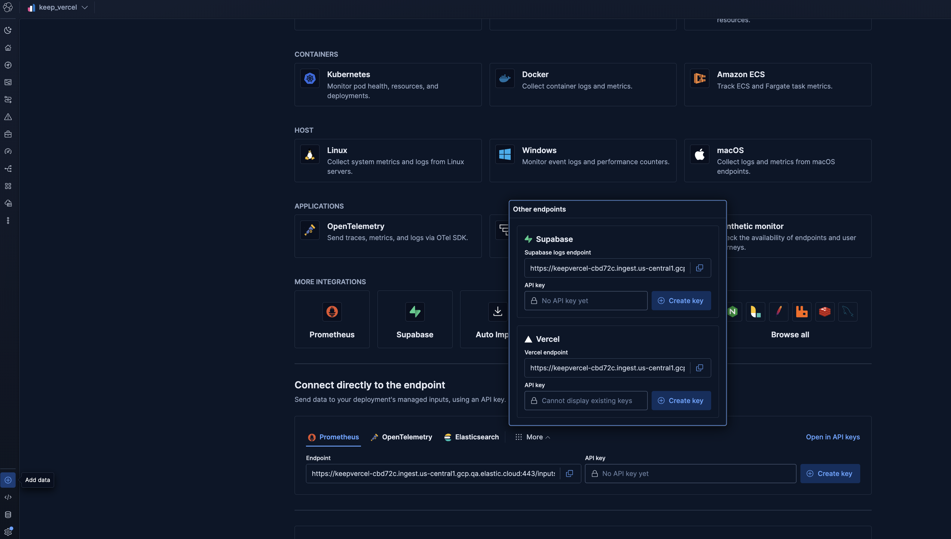 The Supabase logs endpoint URL and Create key option in Elastic Add data
