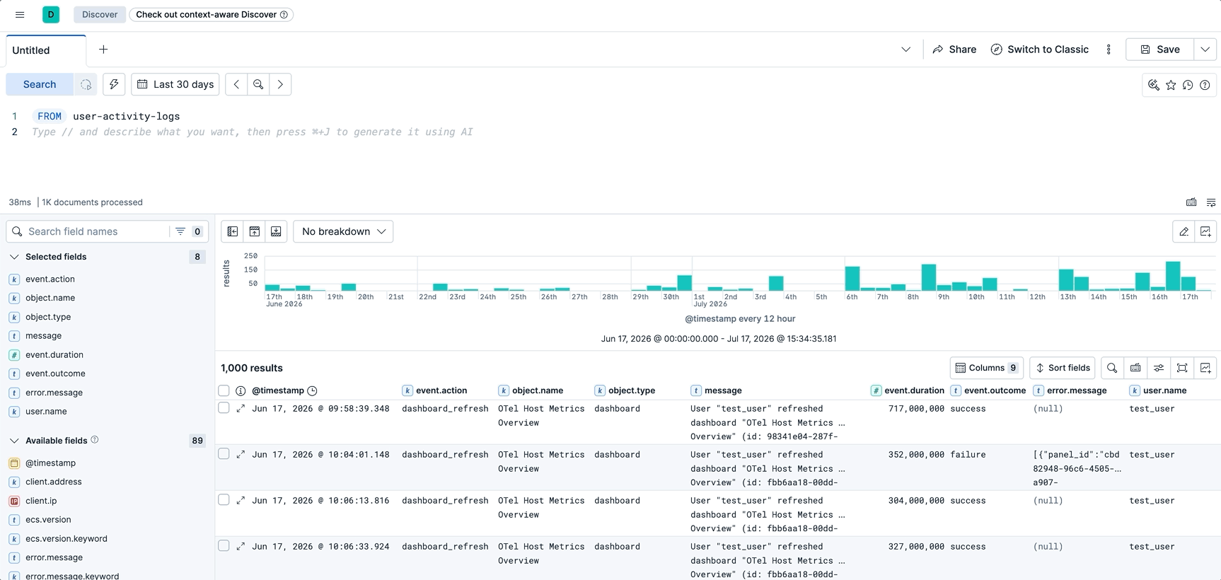 Generating an ES|QL query from plain language in Discover to search dashboard activity logs