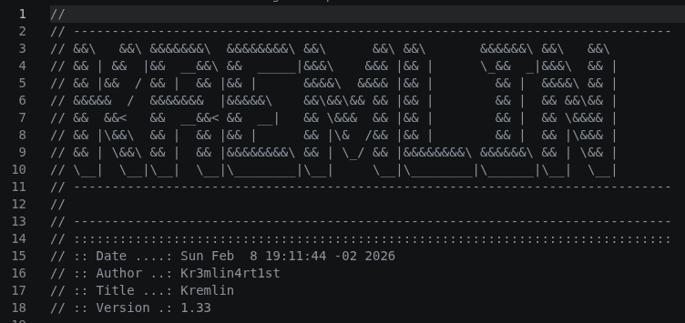 ASCII art header in the KREMLIN loader naming author Kr3mlin4rt1st and version 1.33, dated February 2026