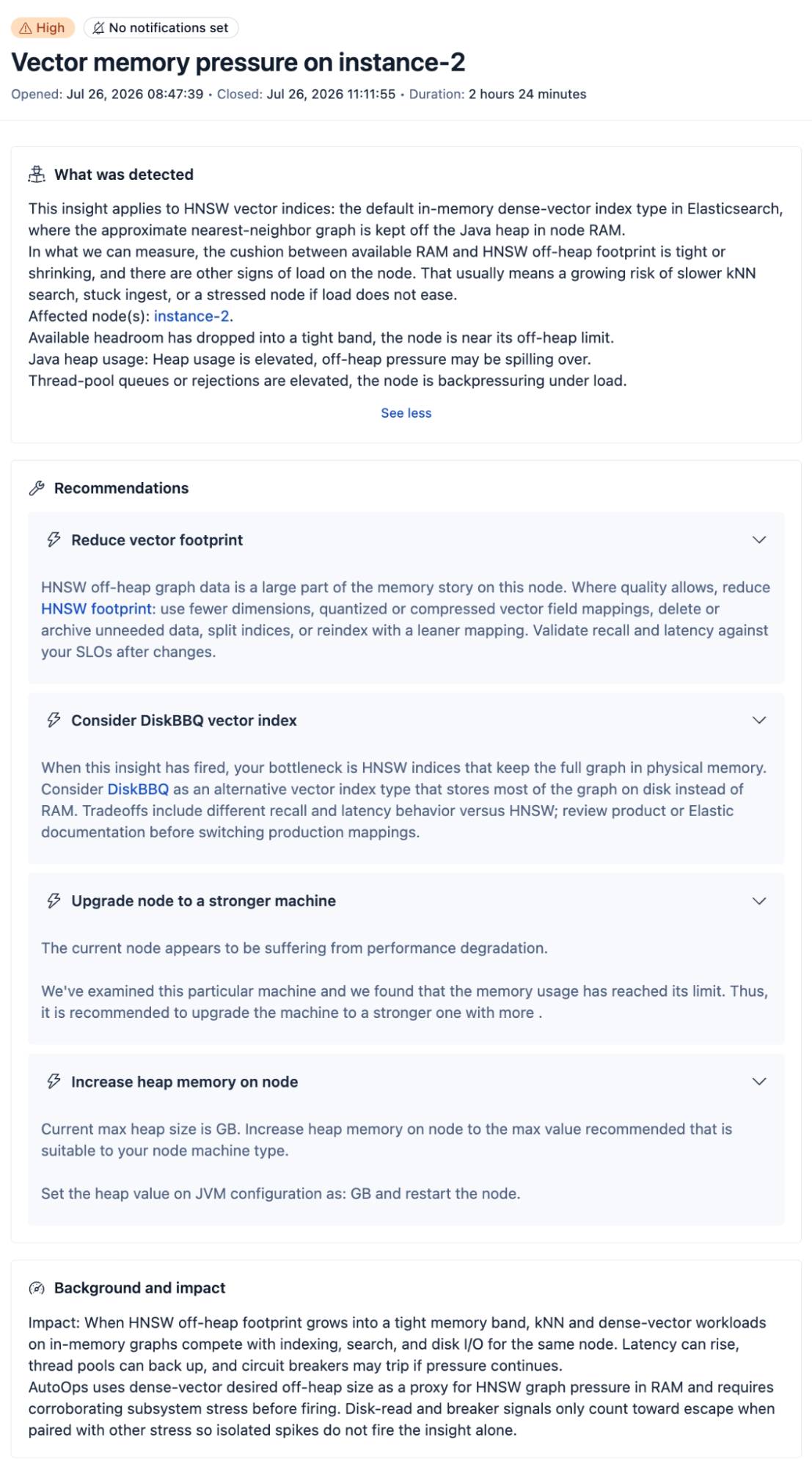 AutoOps Vector memory pressure insight with detection summary and recommendations for an Elasticsearch node
