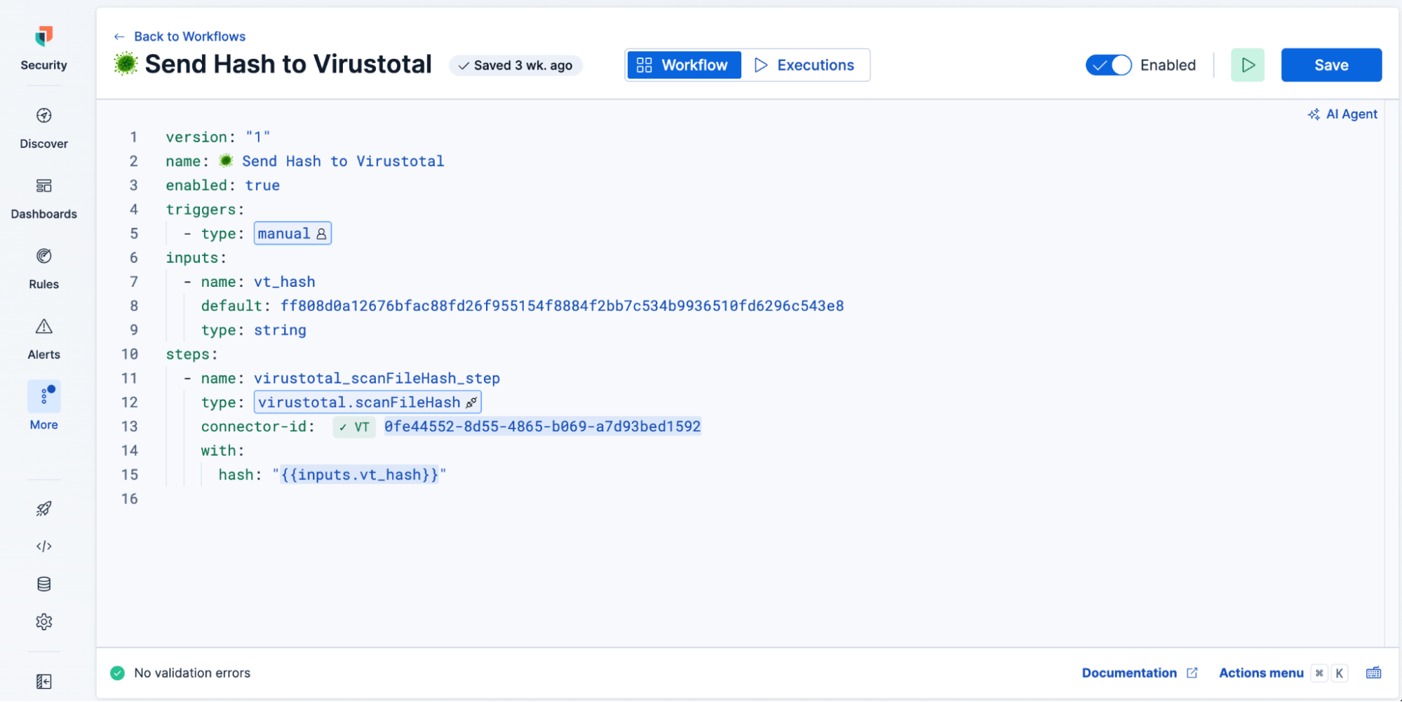 Elastic Workflows editor showing the "Send Hash to VirusTotal" workflow