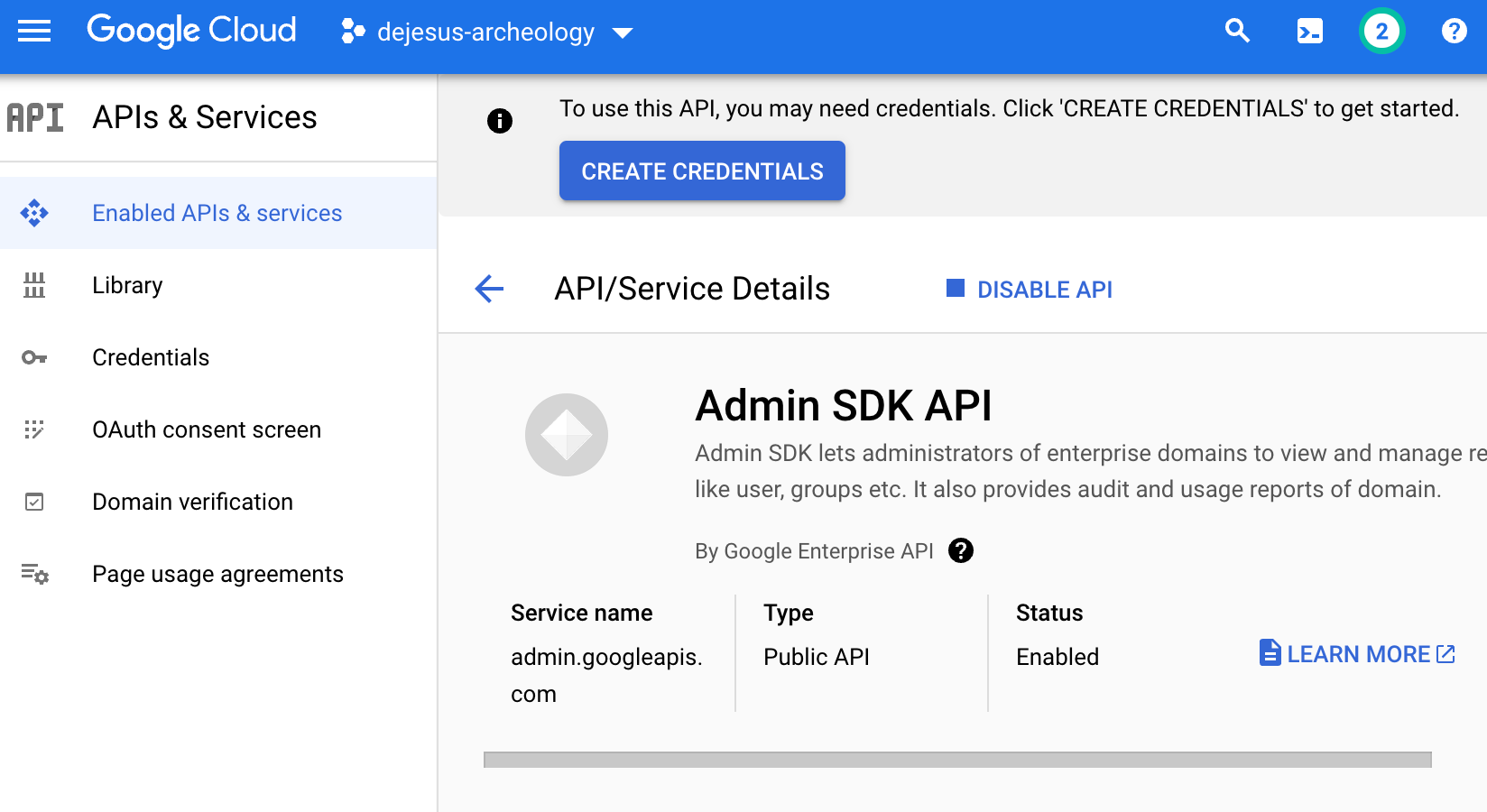 Admin SDK API enabled in GCP