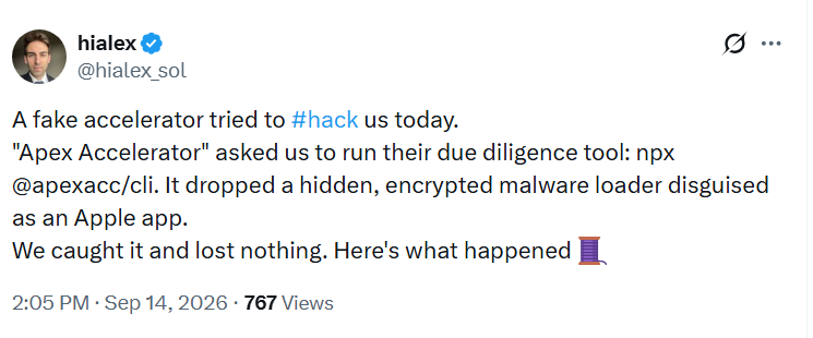 Startup founder’s X post describing the Apex Accelerator npm package malware attem
