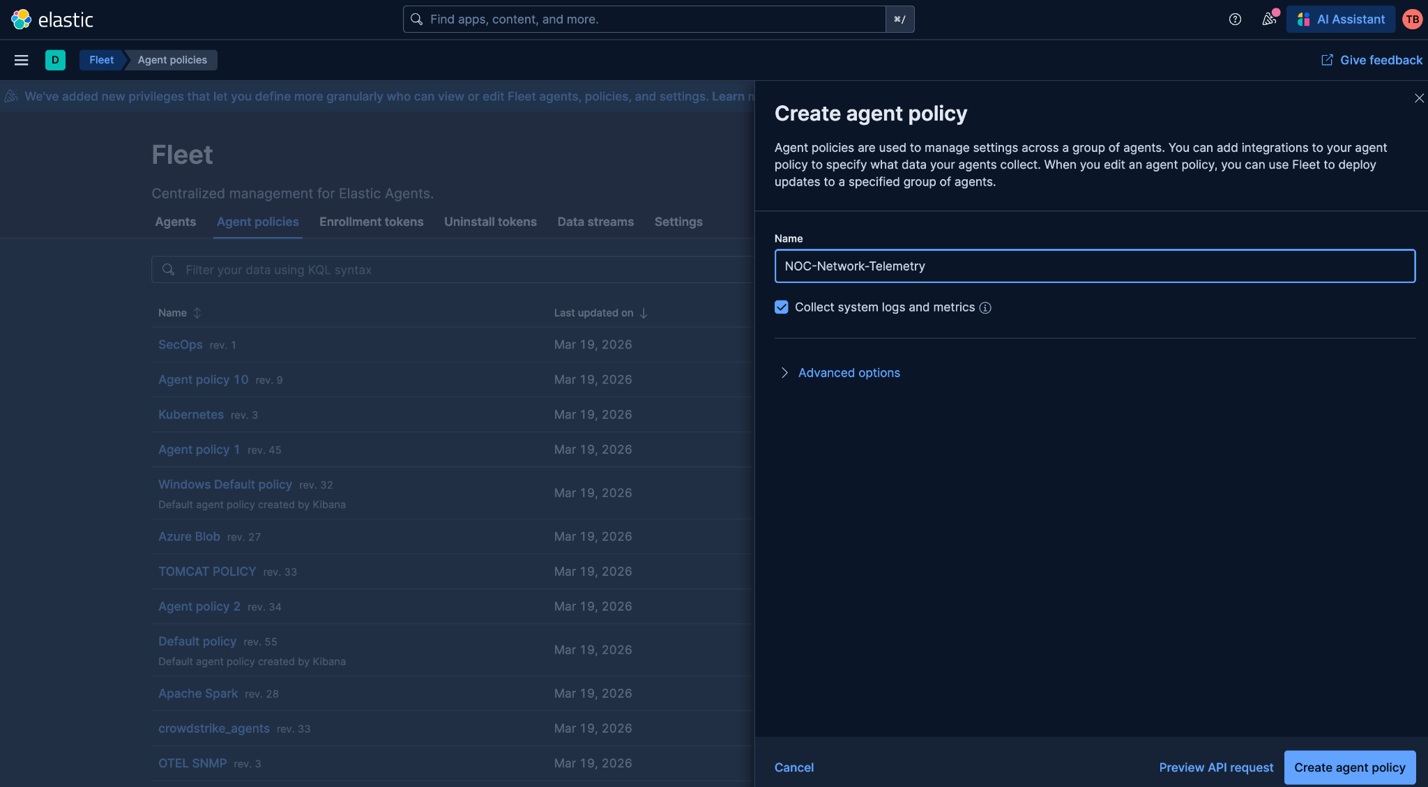 Kibana Fleet page creating the NOC Network Telemetry agent policy