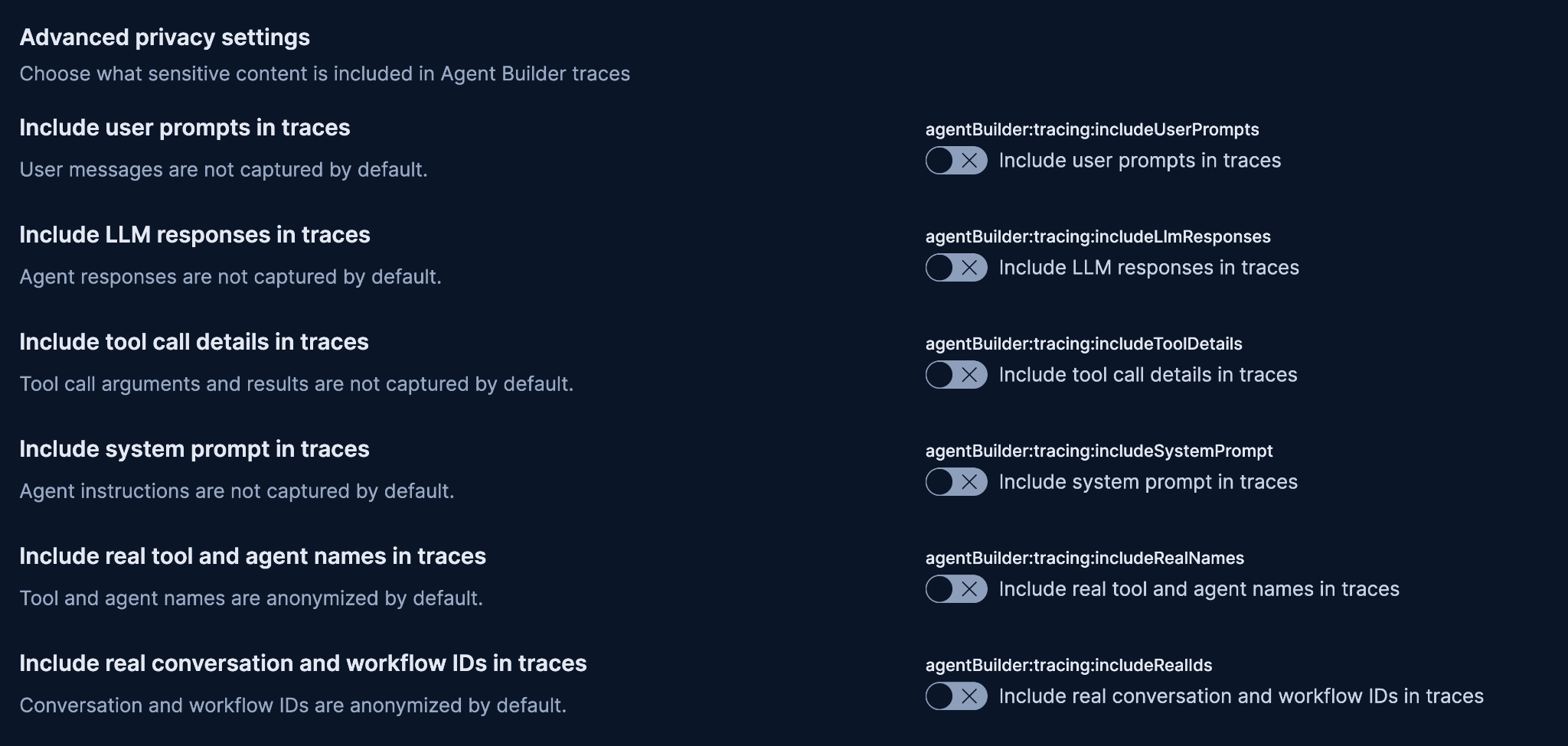 Advanced privacy settings with six toggles, all off by default