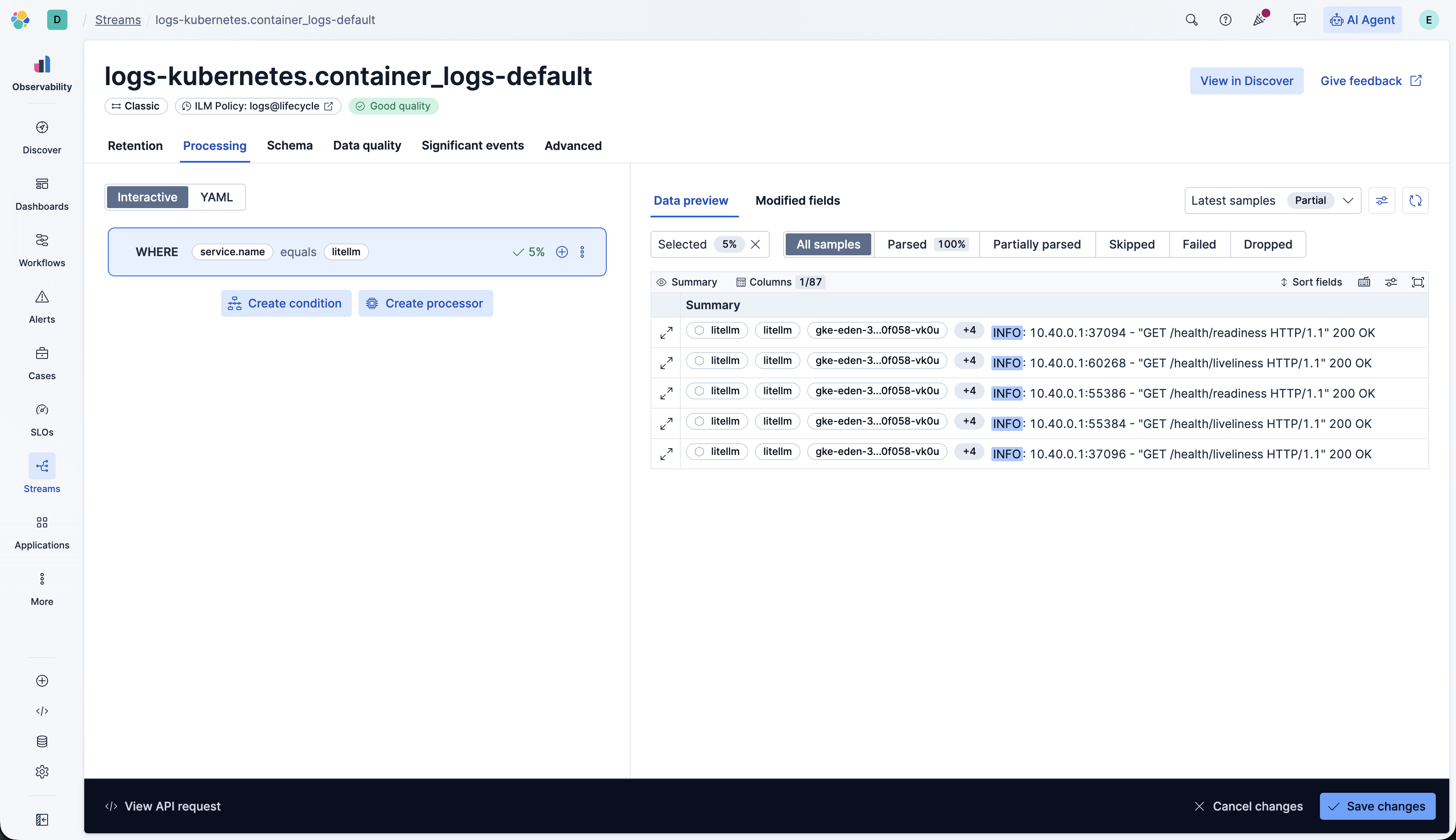 Conditional block filtering Kubernetes logs for litellm before parsing in Elastic Streams