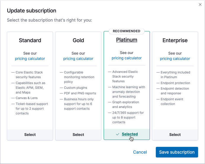 New on Elastic Cloud Self service subscriptions in place