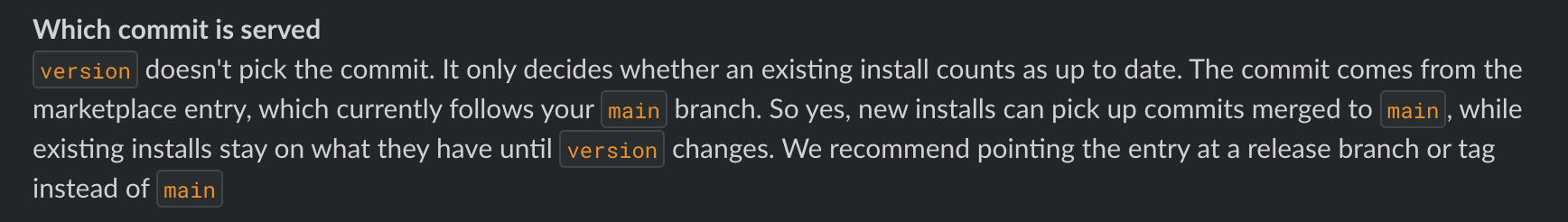 Anthropic explaining the version field doesn’t pick the commit, recommending a release branch over main