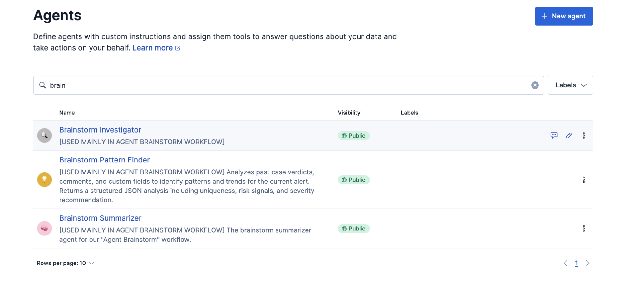 Kibana Agent Builder setup with three agents.
