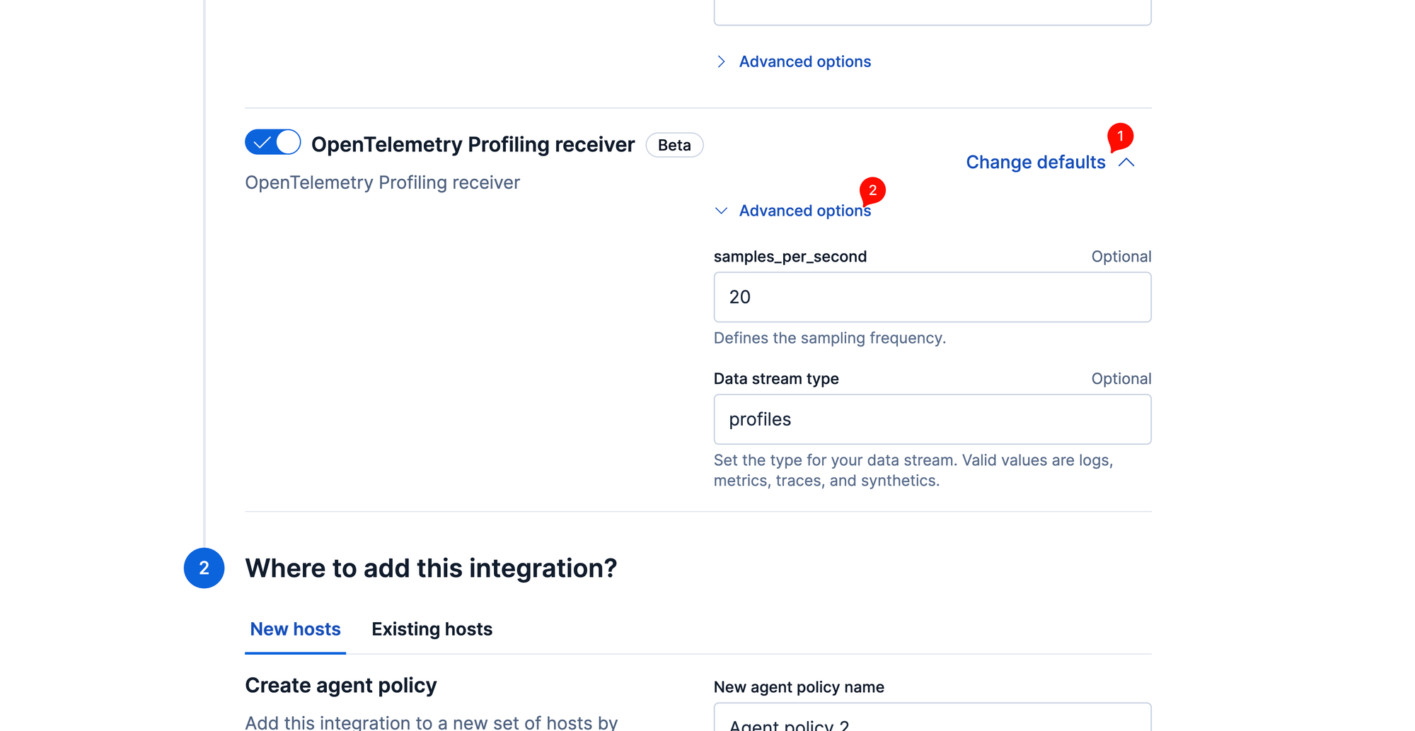 OpenTelemetry Profiling receiver in a Fleet policy with samples_per_second set to 20 for CPU profiling