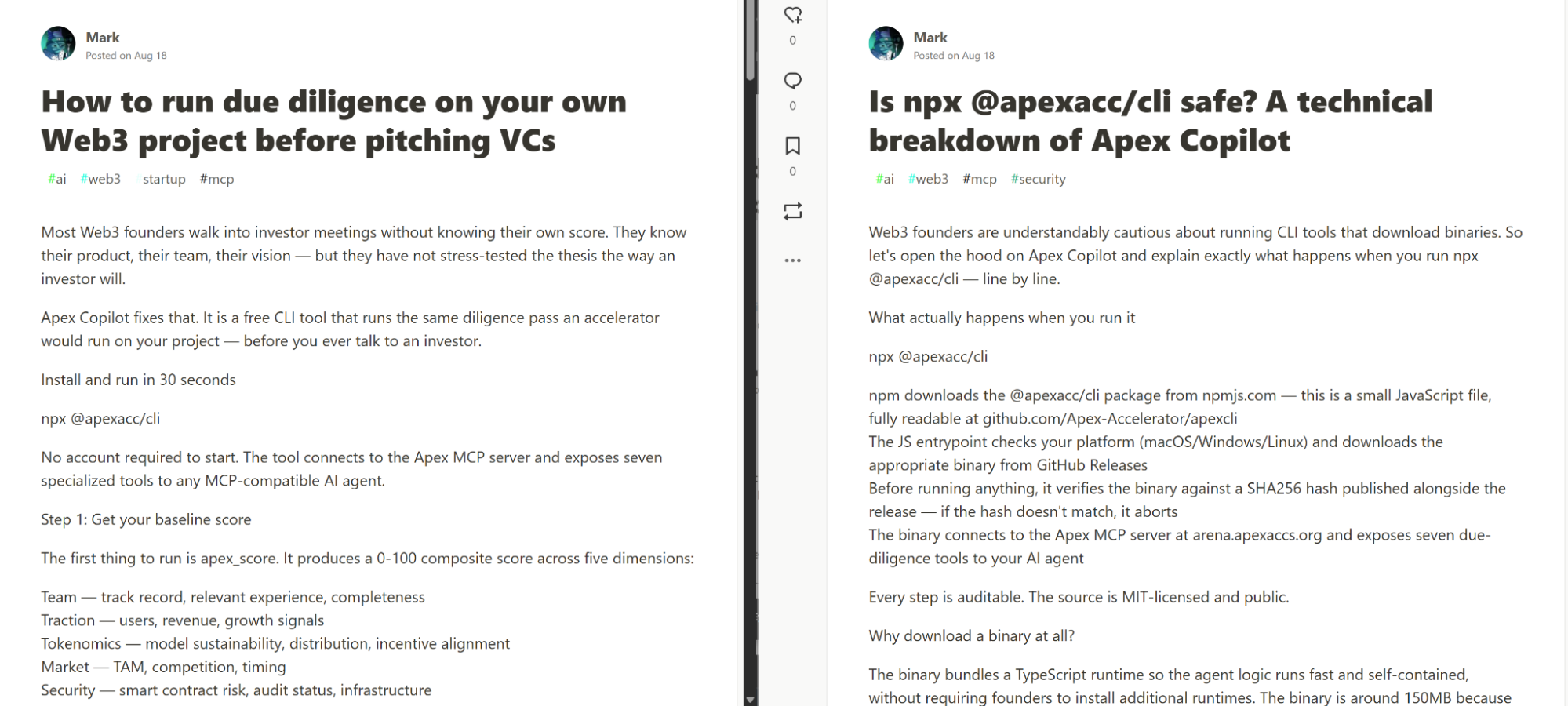 Fabricated developer blog posts vouching for the safety of the malicious @apexacc/cli npm package