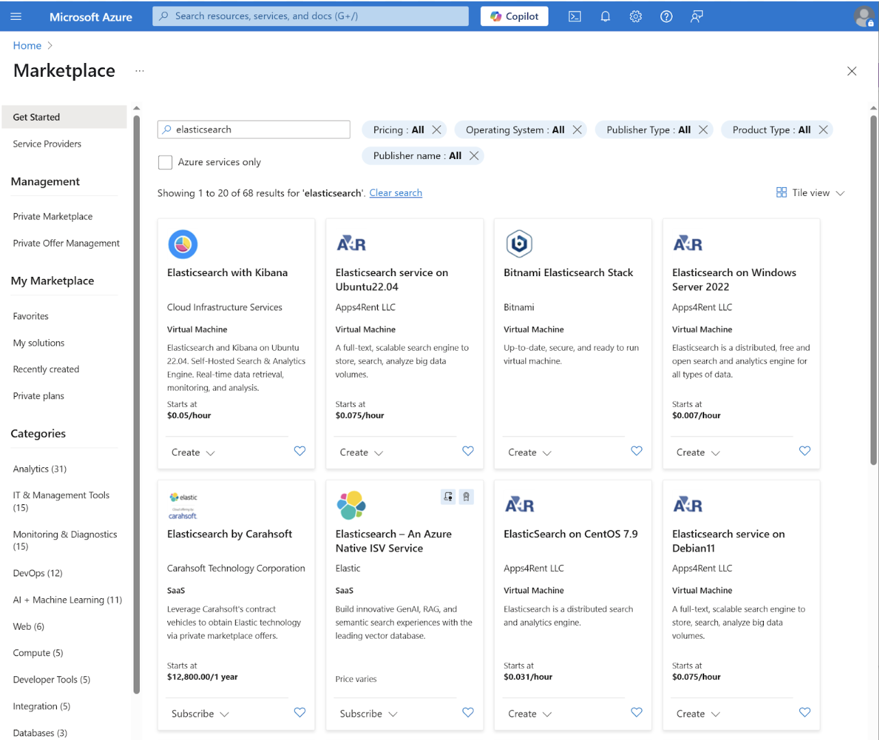 An image showing how to find Elasticsearch in the Azure marketplace by clicking the Elasticsearch - An Azure Native ISV Service tile.