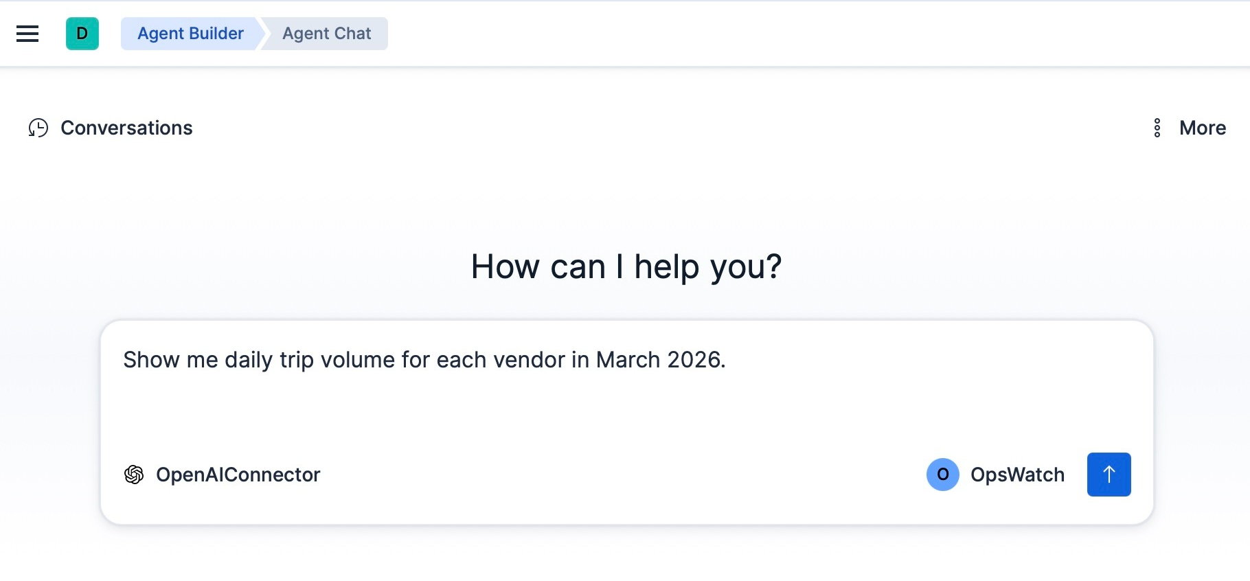 Agent Chat interface with the OpsWatch agent selected and a trip volume question ready to submit
