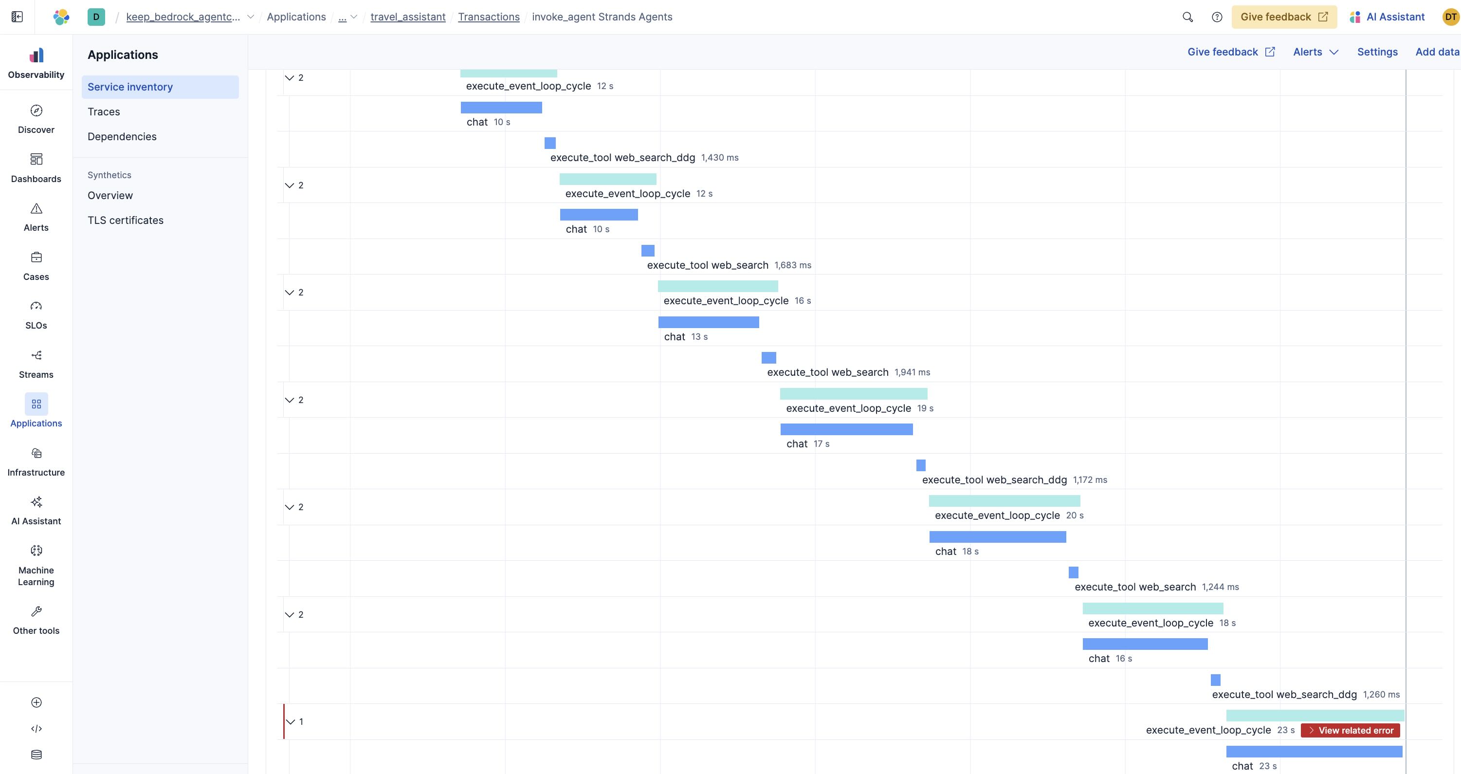 Amazon Bedrock AgentCore OTel-nativedistributed tracing waterfall diagram in Elastic APM