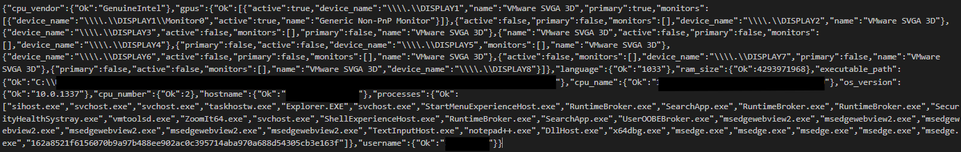 Example system data collected